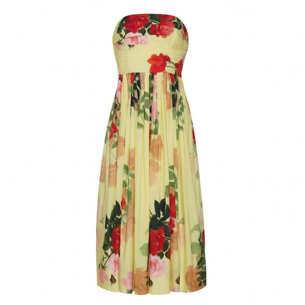 Cara Cara Daria Midi Dress - Le Rose Yellow Red Floral Strapless Cocktail Weddin - Picture 4 of 12